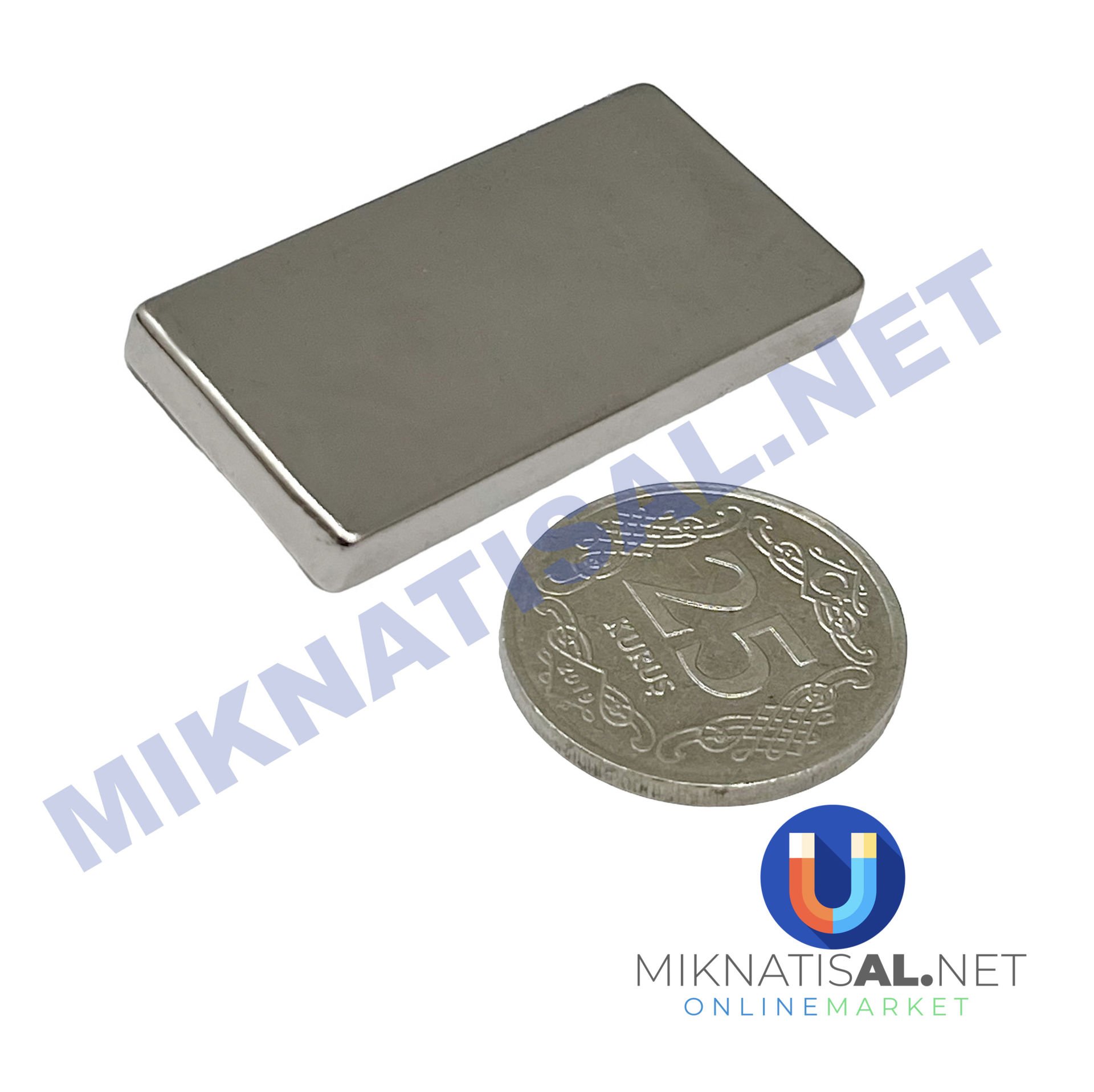 Boy 40mm  En 20mm Kalınlık 5mm N35 seri Güçlü Neodyum Mıknatıs