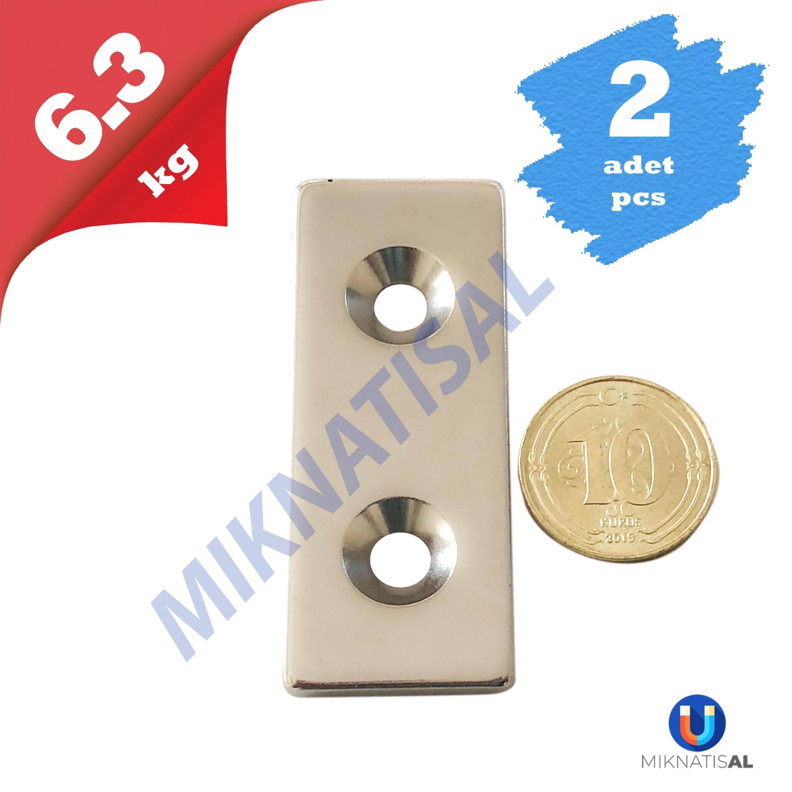 2\'Lİ PAKET 50x20x3mm (10-5mm) 2 Havşalı N35 Güçlü Neodyum Mıknatıs