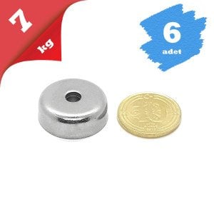 6\'LI PAKET 20mm Neodyum Havşa Delikli Pot Mıknatıs - Gömme Vidalanabilir Pot Mıknatıs