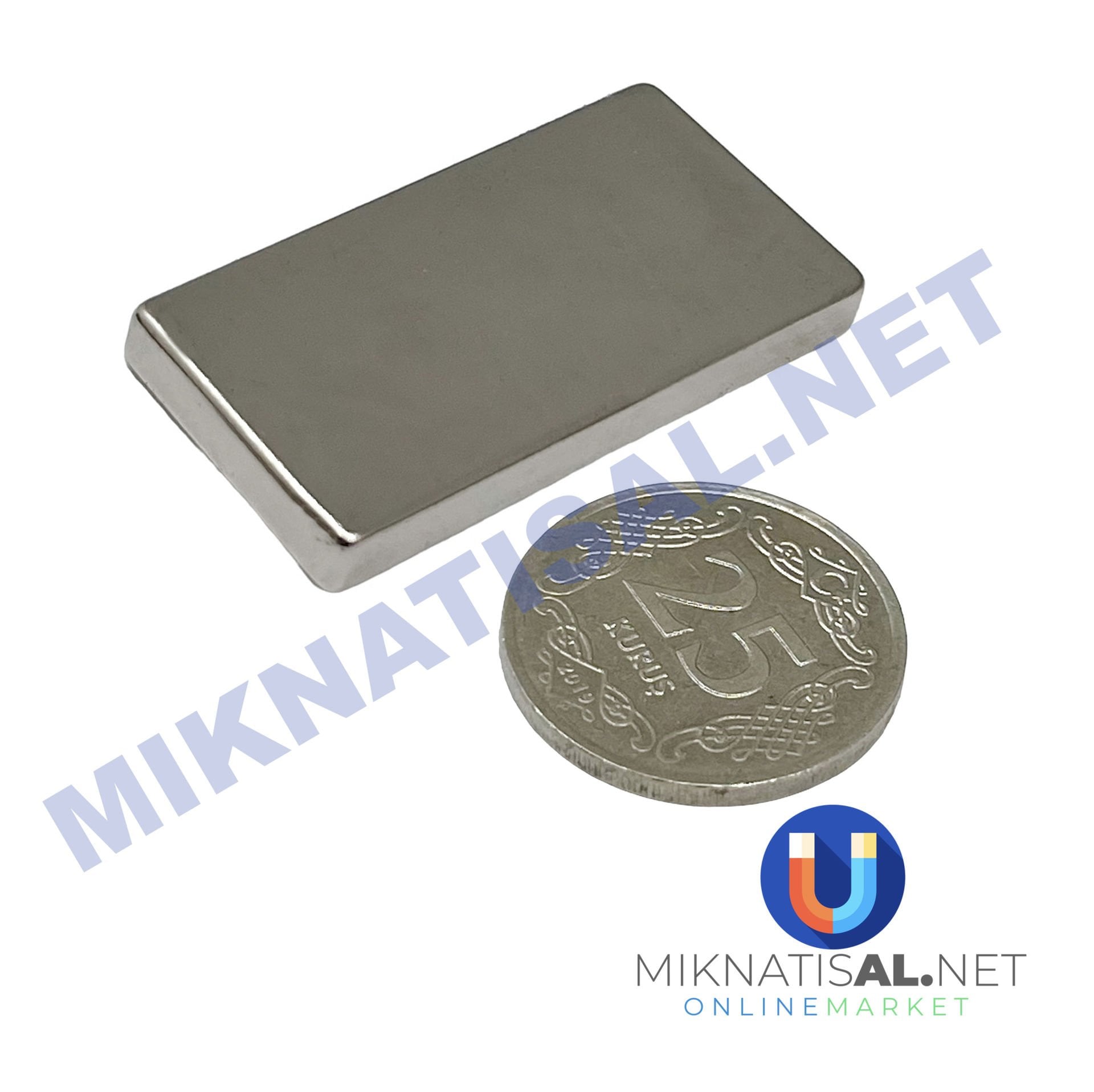 Boy 40mm  En 20mm Kalınlık 5mm N35 seri Güçlü Neodyum Mıknatıs