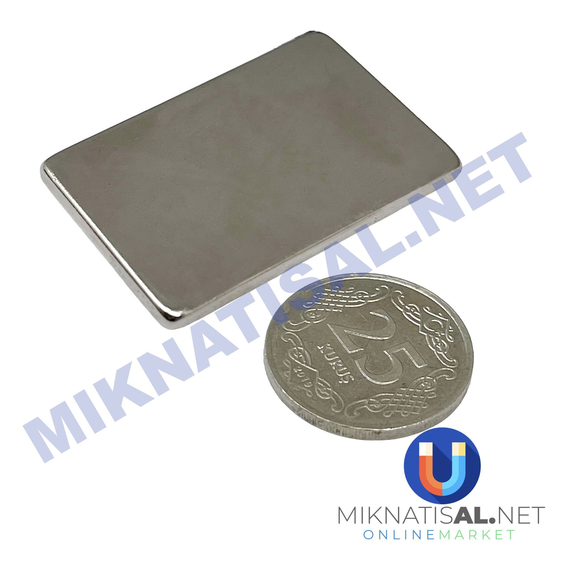 Boy 40mm  En 25mm Kalınlık 3mm N35 seri Güçlü Neodyum Mıknatıs