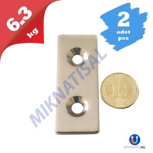 2\'Lİ PAKET 50x20x3mm (10-5mm) 2 Havşalı N35 Güçlü Neodyum Mıknatıs