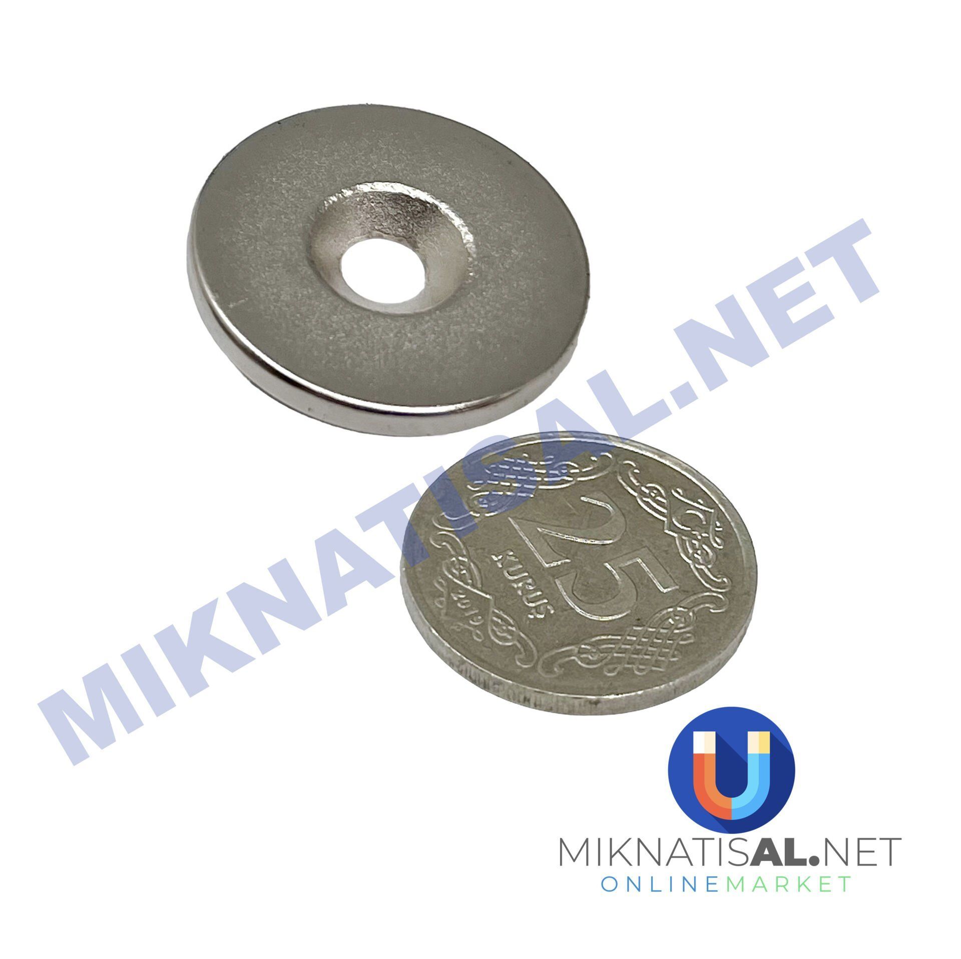 25x3 mm (8-4mm) N35 Havşalı Güçlü Neodyum Mıknatıs